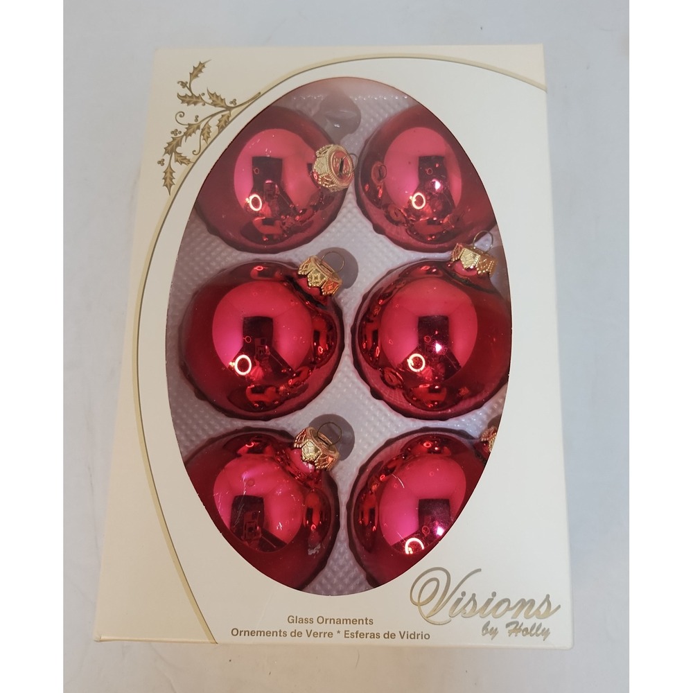 VTG Visions by Holly Red Glass Christmas Ball Ornaments‎ Set of 6 Shiny Baubles